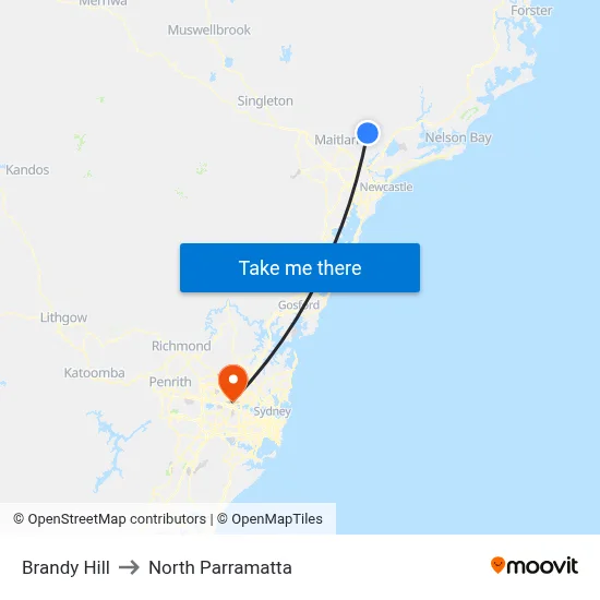 Brandy Hill to North Parramatta map