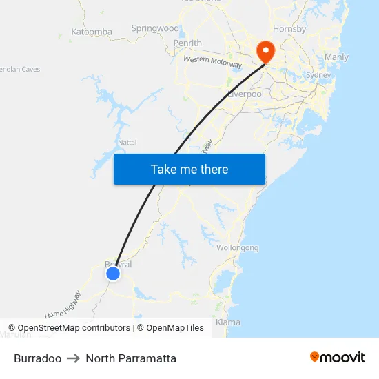 Burradoo to North Parramatta map