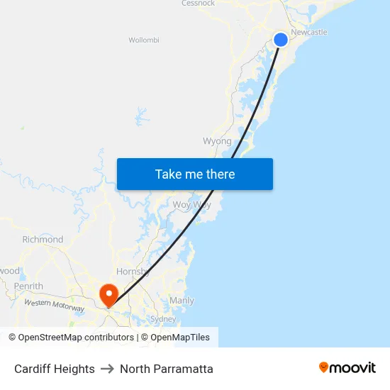 Cardiff Heights to North Parramatta map
