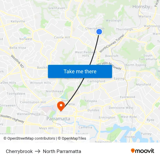 Cherrybrook to North Parramatta map