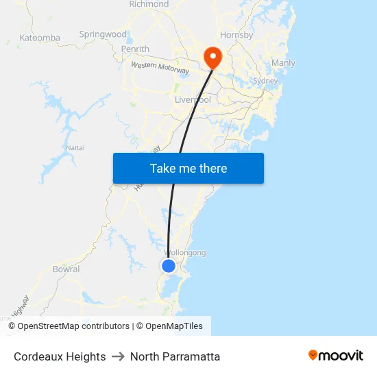 Cordeaux Heights to North Parramatta map