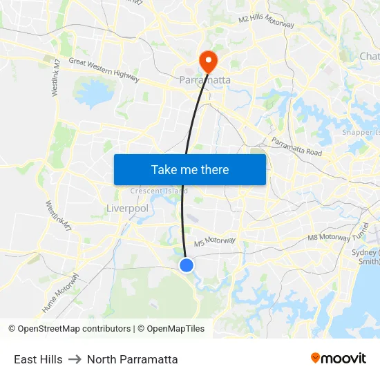 East Hills to North Parramatta map