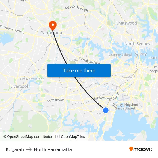 Kogarah to North Parramatta map