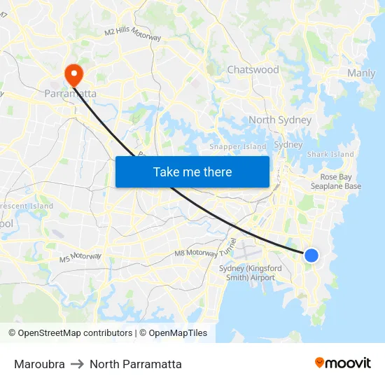 Maroubra to North Parramatta map