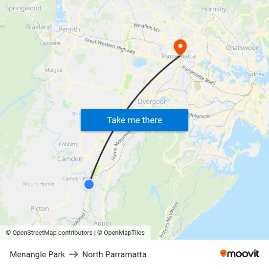 Menangle Park to North Parramatta map