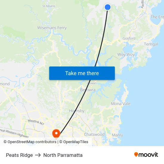 Peats Ridge to North Parramatta map