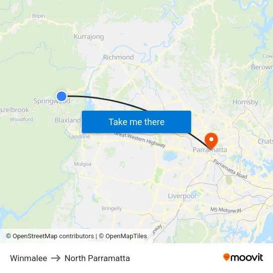 Winmalee to North Parramatta map