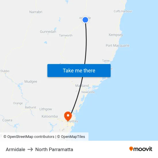 Armidale to North Parramatta map