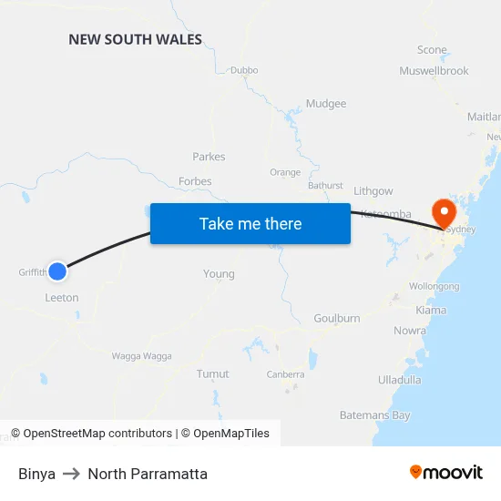 Binya to North Parramatta map
