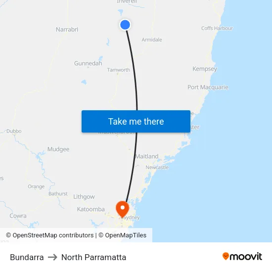 Bundarra to North Parramatta map