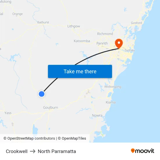 Crookwell to North Parramatta map