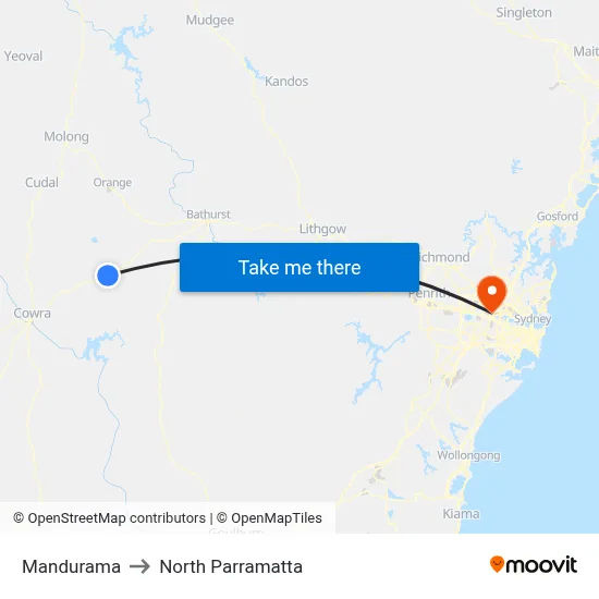 Mandurama to North Parramatta map