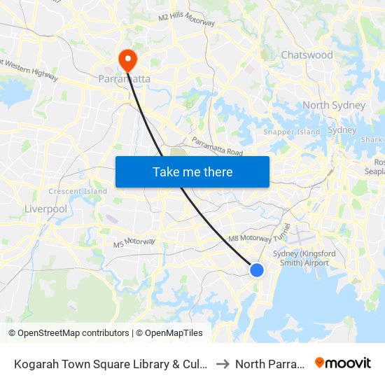 Kogarah Library to North Parramatta map