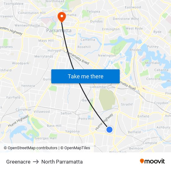 Greenacre to North Parramatta map