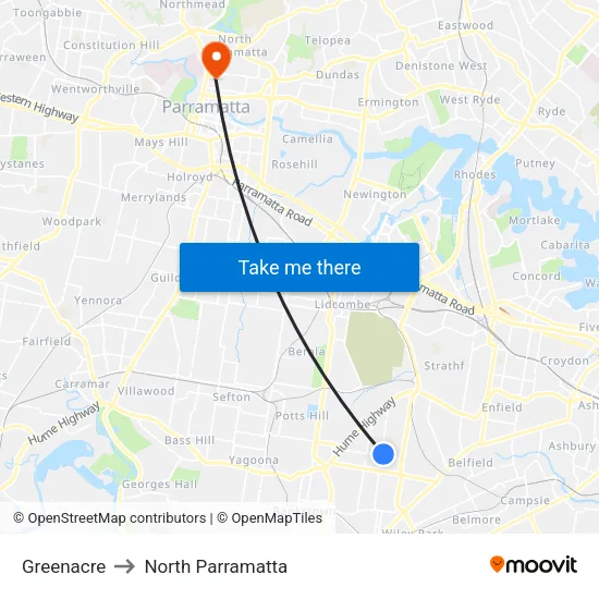 Greenacre to North Parramatta map