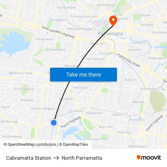 Cabramatta Station to North Parramatta map