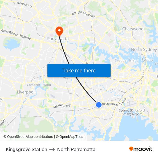 Kingsgrove Station to North Parramatta map