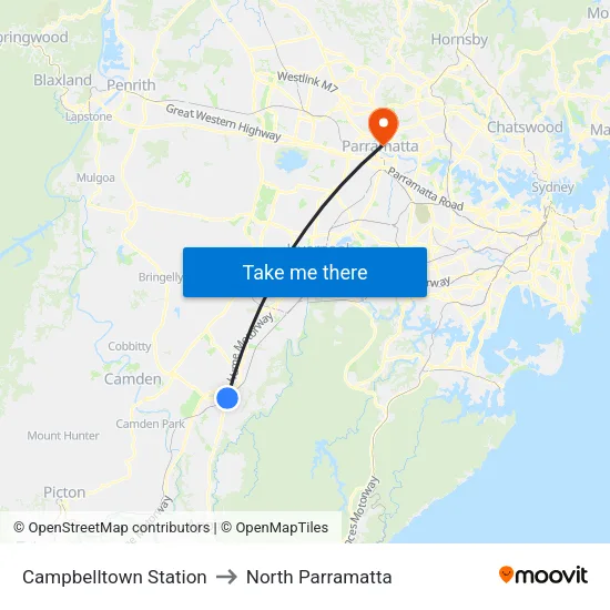 Campbelltown Station to North Parramatta map