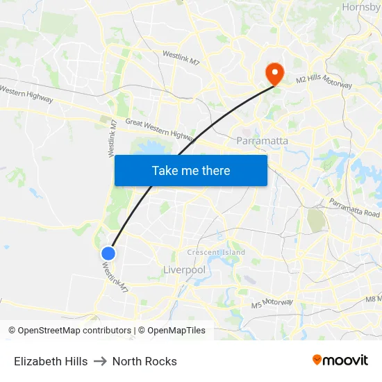 Elizabeth Hills to North Rocks map