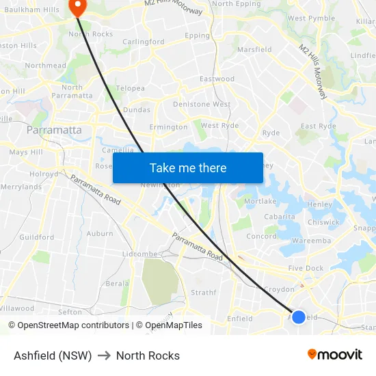 Ashfield (NSW) to North Rocks map