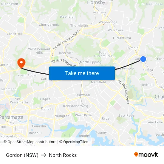 Gordon (NSW) to North Rocks map