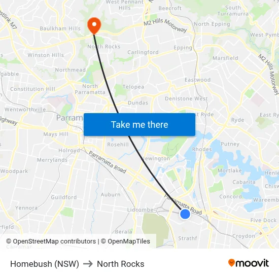 Homebush (NSW) to North Rocks map