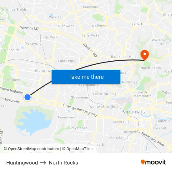 Huntingwood to North Rocks map