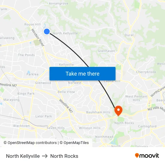 North Kellyville to North Rocks map