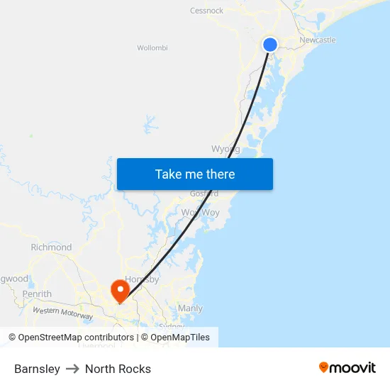 Barnsley to North Rocks map
