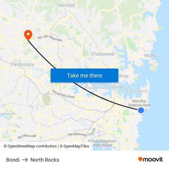 Bondi to North Rocks map