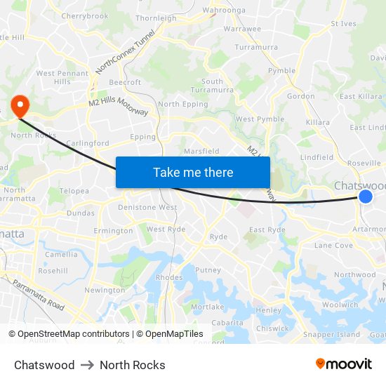 Chatswood to North Rocks map