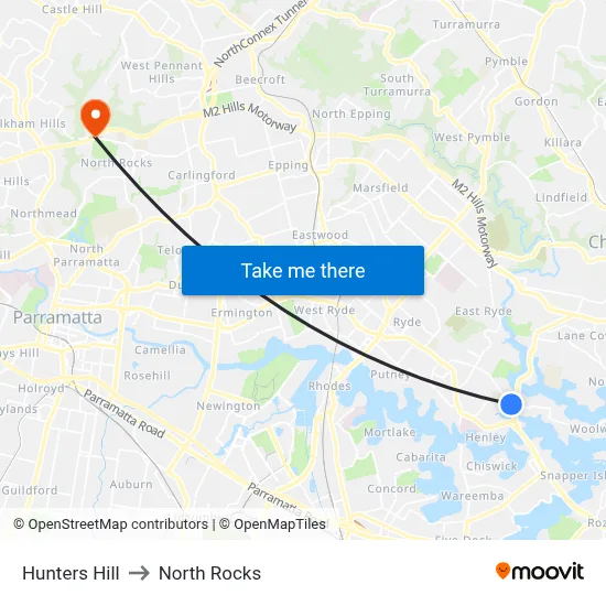 Hunters Hill to North Rocks map