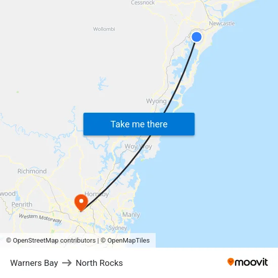 Warners Bay to North Rocks map