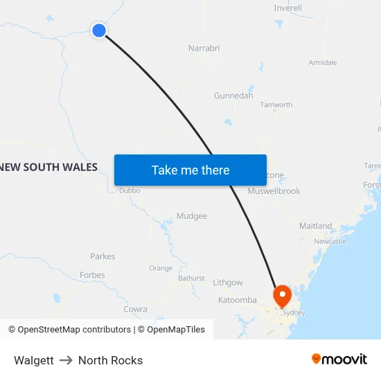 Walgett to North Rocks map
