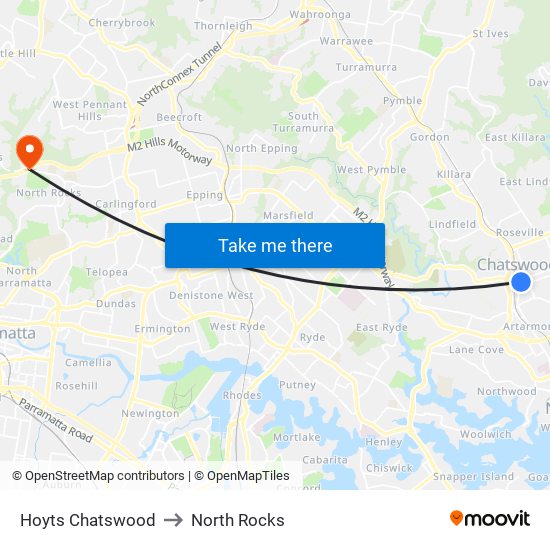 Hoyts Chatswood to North Rocks map