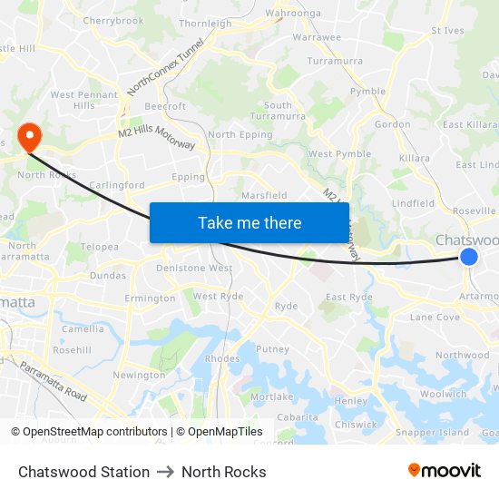 Chatswood Station to North Rocks map