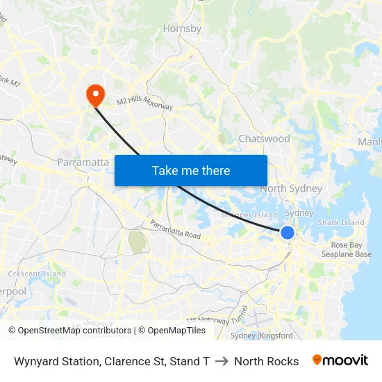 Wynyard Station, Clarence St, Stand T to North Rocks map