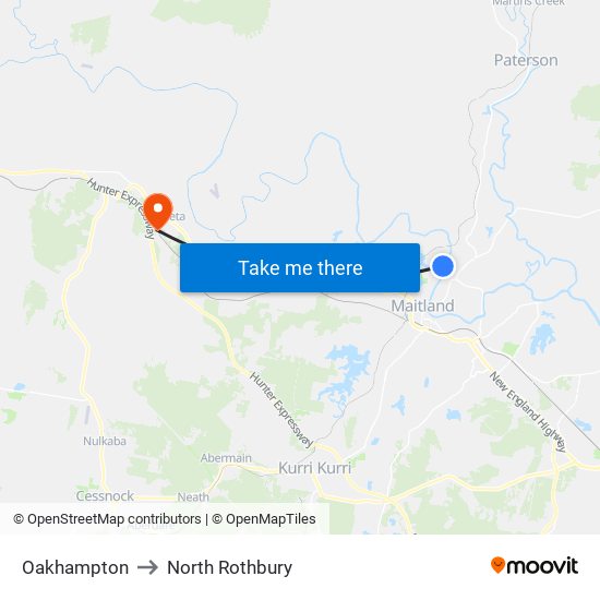 Oakhampton to North Rothbury map