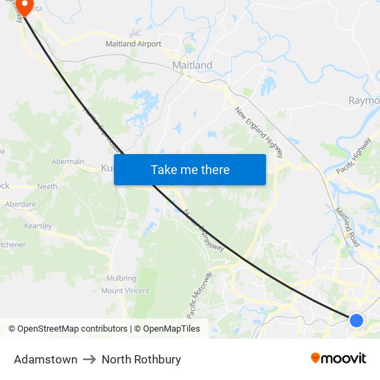 Adamstown to North Rothbury map