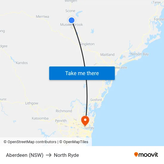 Aberdeen (NSW) to North Ryde map
