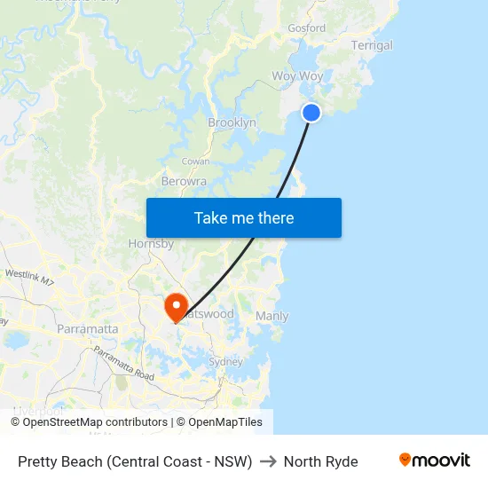 Pretty Beach (Central Coast - NSW) to North Ryde map