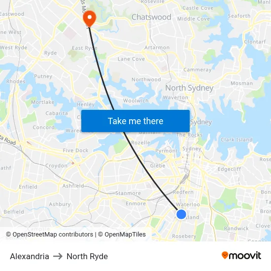 Alexandria to North Ryde map