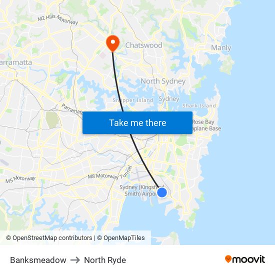 Banksmeadow to North Ryde map