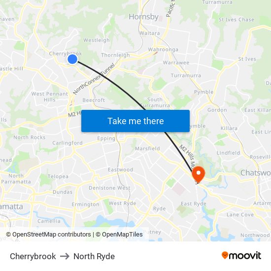 Cherrybrook to North Ryde map