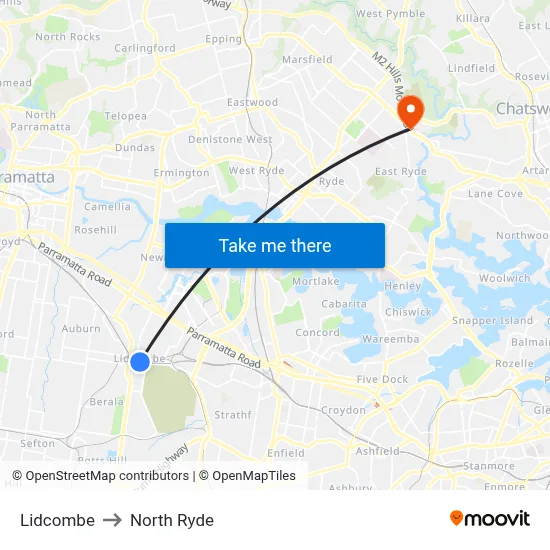 Lidcombe to North Ryde map