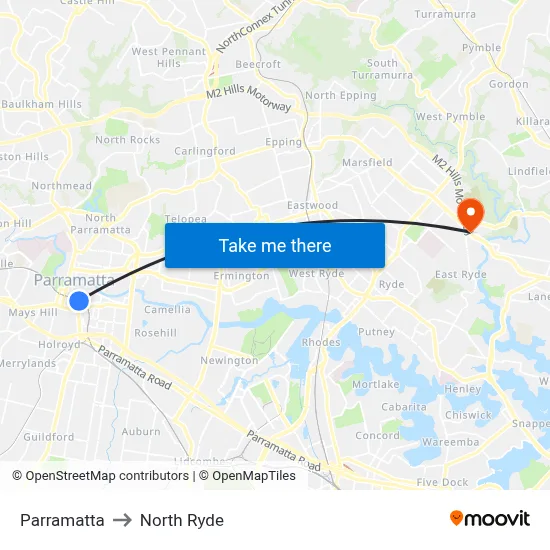 Parramatta to North Ryde map