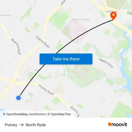 Putney to North Ryde map