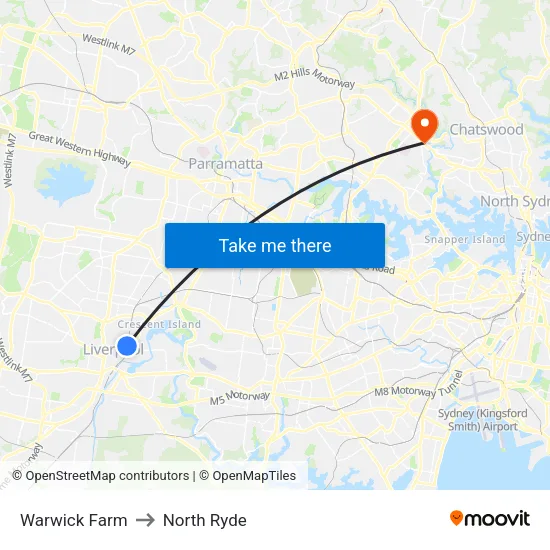 Warwick Farm to North Ryde map