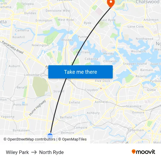 Wiley Park to North Ryde map