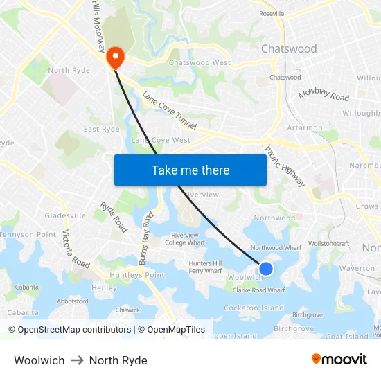 Woolwich to North Ryde map